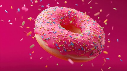 Bright pink icing and colorful sprinkles cover a soft fluffy donut making it pop against the background.