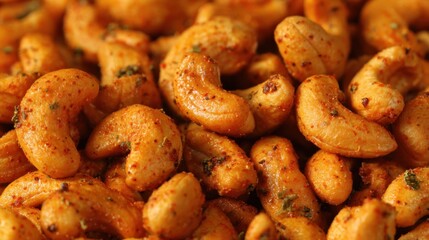 Crunchy and flavorful cashews are seasoned with spices showcasing vibrant colors and textures.