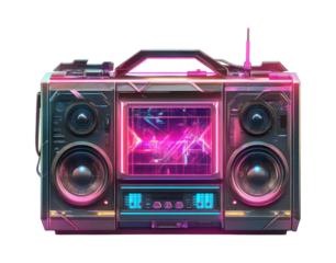 Futuristic cyberpunk boombox with glowing neon speakers and metallic design