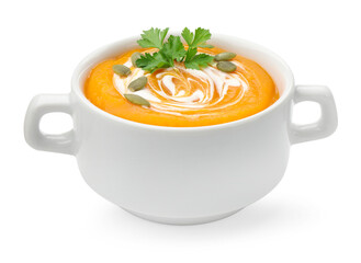 Tasty pumpkin cream soup with parsley and seeds in bowl isolated on white