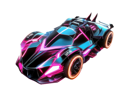Cyberpunk car with sharp angles and vibrant neon lighting