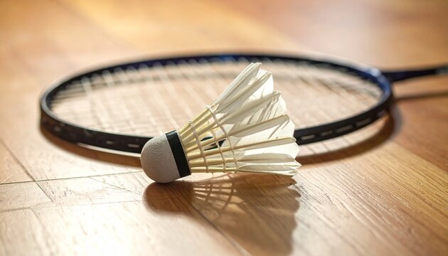 Badminton Shuttlecock and Racket on Wooden Surface.
