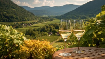 Two elegant glasses of white wine rest on a rustic table framed by rolling green hills.