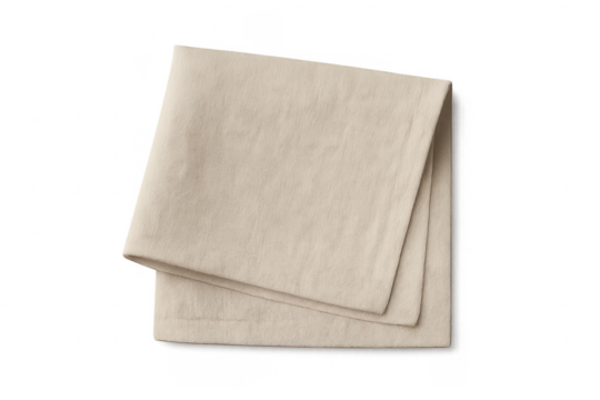 Folded beige linen napkin on transparent background