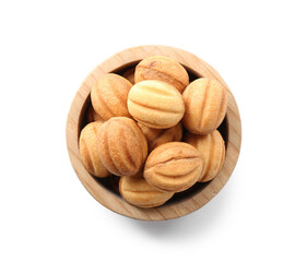 Delicious nut shaped cookies with boiled condensed milk in bowl isolated on white, top view