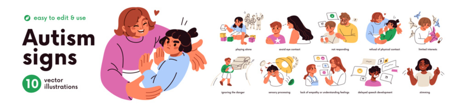 Autism signs set. Child ASD spectrum awareness. Autistic behaviour, cognitive problem symptoms, mental health disorder. Kids development delay. Flat vector illustration isolated on white background