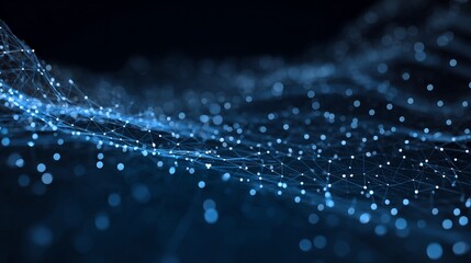 Dynamic abstract network of glowing nodes and connecting lines in deep blue, symbolizing data flow, technology, and digital connections