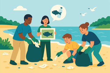 family on the beach go green