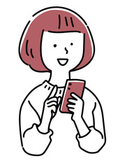 スマホを操作する笑顔の女性のバストアップ_単色