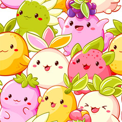 Seamless background with cute little monsters. Tiling baby backdrop with funny happy baby monsters. Endless texture can be used for pattern fills, web page background, fabric design. Vector EPS8