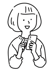 スマホを操作する笑顔の女性のバストアップ_線画