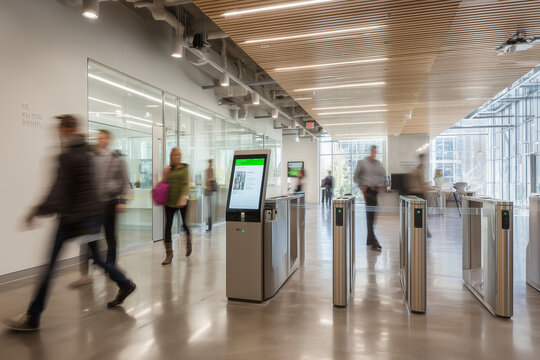 Bright modern corporate lobby with secure turnstiles and interactive digital kiosk - blurred professionals walking through a sleek glass office entrance