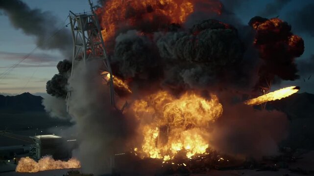 Catastrophic rocket launch failure exploding on pad