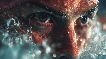 A swimmer emerges from the water displaying intense focus and determination during a race.