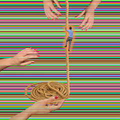 Surreal composition with man climbing a rope surrounded by giant hands on colorful horizontal stripes, symbolic concept of escape, challenge and control in abstract modern art style