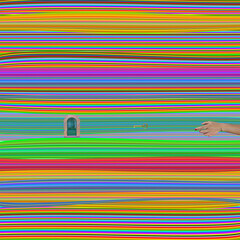 Conceptual surreal artwork showing a small green door surrounded by colorful horizontal lines, with a hand offering an oversized golden key. A symbolic dream of access, mystery, and perception beyond 