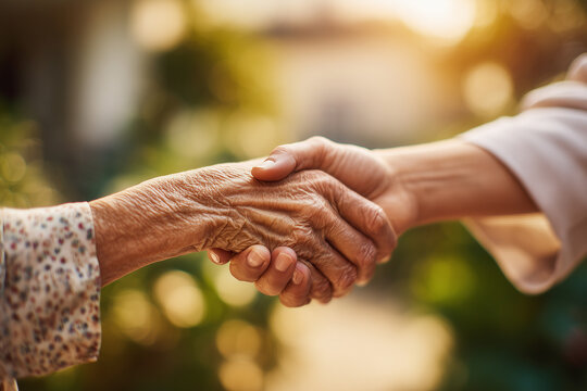 Compassionate handshake between a caregiver and an elderly person in warm sunlight — a close-up of support, trust, and intergenerational care. - Powered by Adobe