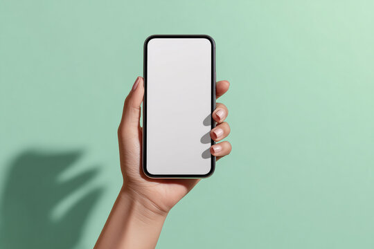 Minimal smartphone mockup held in hand with blank white screen on mint green background — modern device presentation for apps, UI, and advertising