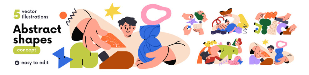 Fototapeta na wymiar People with abstract shapes set. Information exchange, sharing and building opinions concept. Creative ideas flow, solving tasks, communication. Flat vector illustration isolated on white background.