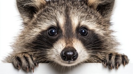 Obraz premium Raccoon with bright eyes and soft fur curiously looks over a white surface embodying playful innocence.