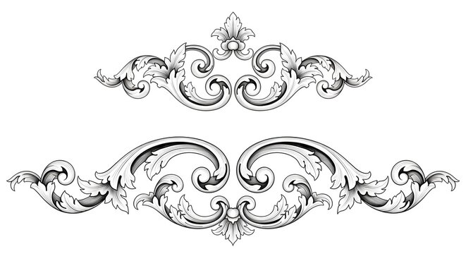 Intricate baroque and rococo style decorative flourishes and ornate swirls in black and white