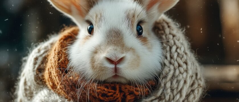 Cute rabbit in warm knitted scarf in winter setting