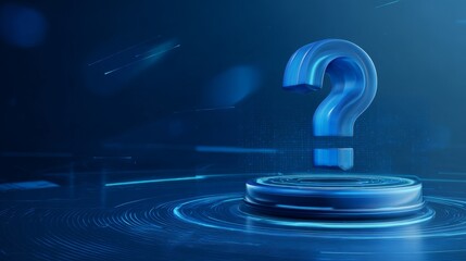 Futuristic 3d blue question mark on podium in high tech environment with holographic data lines