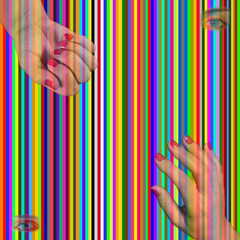 A surreal conceptual art scene where colorful vertical lines resemble the strings of a harp. Two hands move delicately as if playing music, while two mysterious eyes observe in silence. 