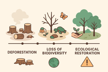 Environmental infographic illustrating deforestation biodiversity loss and ecological restoration