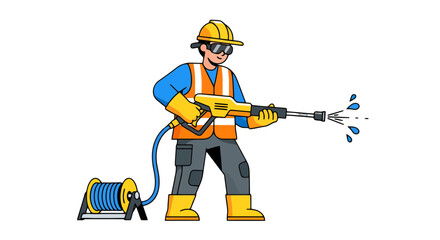 Fototapeta premium Cartoon Illustration Showing Contractor Utilizing A Pressure Washer For Cleaning Tasks