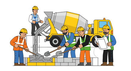 Fototapeta premium Construction Crew Pouring Concrete on a Building Site with Equipment and a Cement Truck