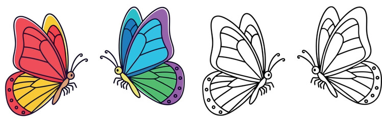 Cute Cartoon Butterflies with Colorful and Outline Designs for Kids' Coloring and Craft Projects