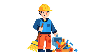 Cartoon Janitor Cleaning Debris With Broom And Toolbox On Black Backdrop Illustration