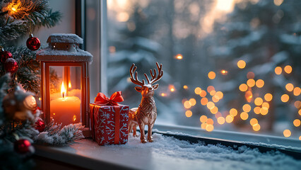 Festive holiday scene on a windowsill. A decorative deer, presents, and a lantern create a cozy, Christmasy atmosphere with blurred lights in the background.
