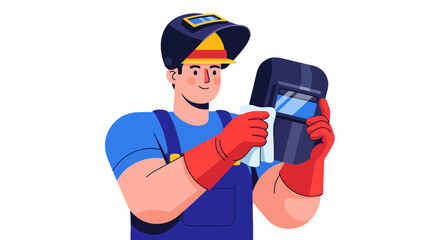 Cartoon Welder Wearing A Red Gloves About To Clean His Helmet Against A Black Background