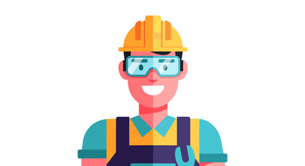 Fototapeta premium Cheerful Construction Worker With Protective Gear Smiling Against A Black Backdrop
