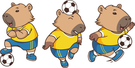 Cute Capybara Soccer Mascot Characters , Cartoon Football Animal Player Set