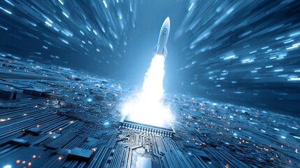 Dynamic rocket launch erupts from glowing circuit board, symbolizing technology, innovation, and rapid digital advancement into the future.