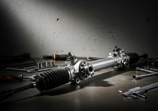 Automotive steering rack assembly precision machined metal component with tools in workshop setting