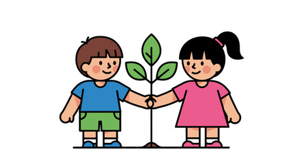 Children Hand In Hand Planting A Tree Showing Environmental Responsibility With Happiness