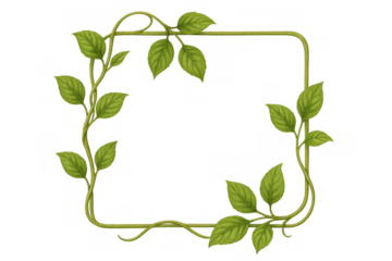 Green vine frame creating a rectangular border with fresh leaves, isolated on transparent background