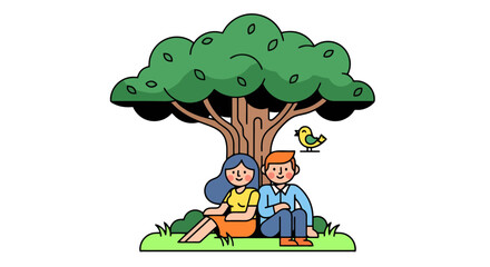 Obraz premium Couple Resting Under a Tree With a Bird, Illustration of Love and Peace