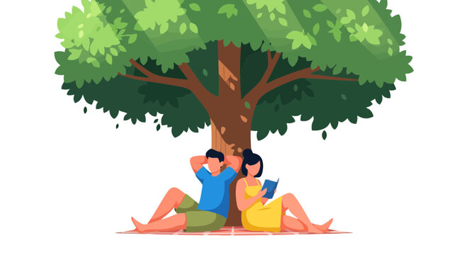 Couple Relaxing Under Shady Tree Reading Book During Sunny Day, Vector Illustration