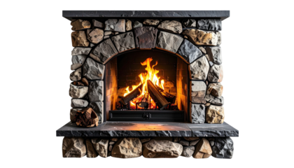 Stone fireplace crackling with warm, inviting orange flames inside