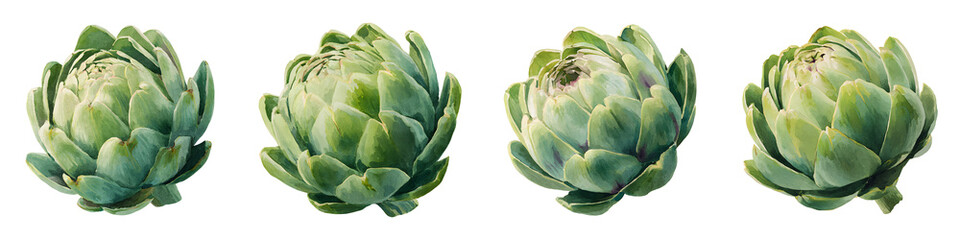 Obraz premium Watercolor artichoke head, illustration set isolated on transparent background