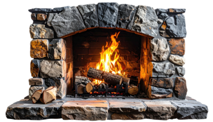 Stone fireplace burning logs, brick backdrop and hearth floor