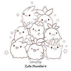 Vector coloring page with cute little monsters in kawaii style. Pile of Funny happy baby monsters. Antistress coloring book for children. Child anti stress coloring book page. Vector illustration EPS8