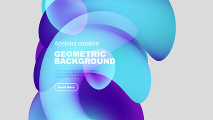 Abstract fluid shapes overlap, creating vibrant geometric background. Text present, button visible. Modern design elements dominate composition.