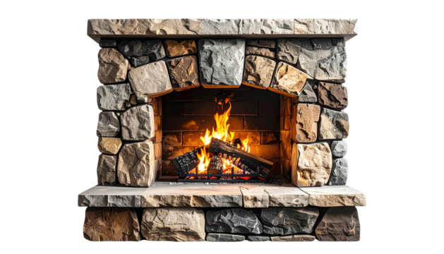 Stone fireplace with blazing fire, cozy and rustic