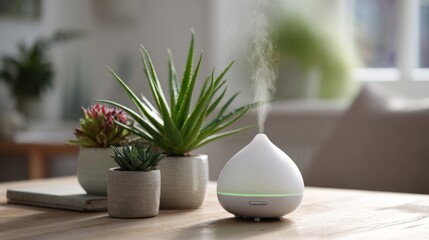 Fototapeta premium A soothing aroma diffuser releases mist while indoor plants thrive in soft daylight enhancing relaxation.